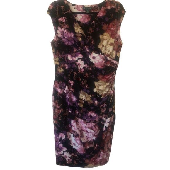 Lauren Ralph Lauren V Neck Empire Waist Floral Sheath Dress Career, Wedding Gues - Picture 3 of 16